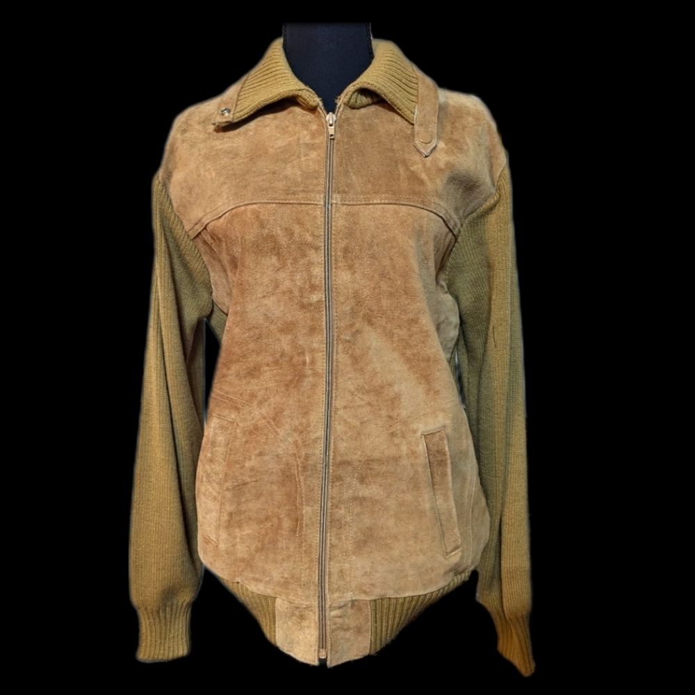 Vintage 70s Suede and Knit Jacket genuine leather tan light brown Shacket